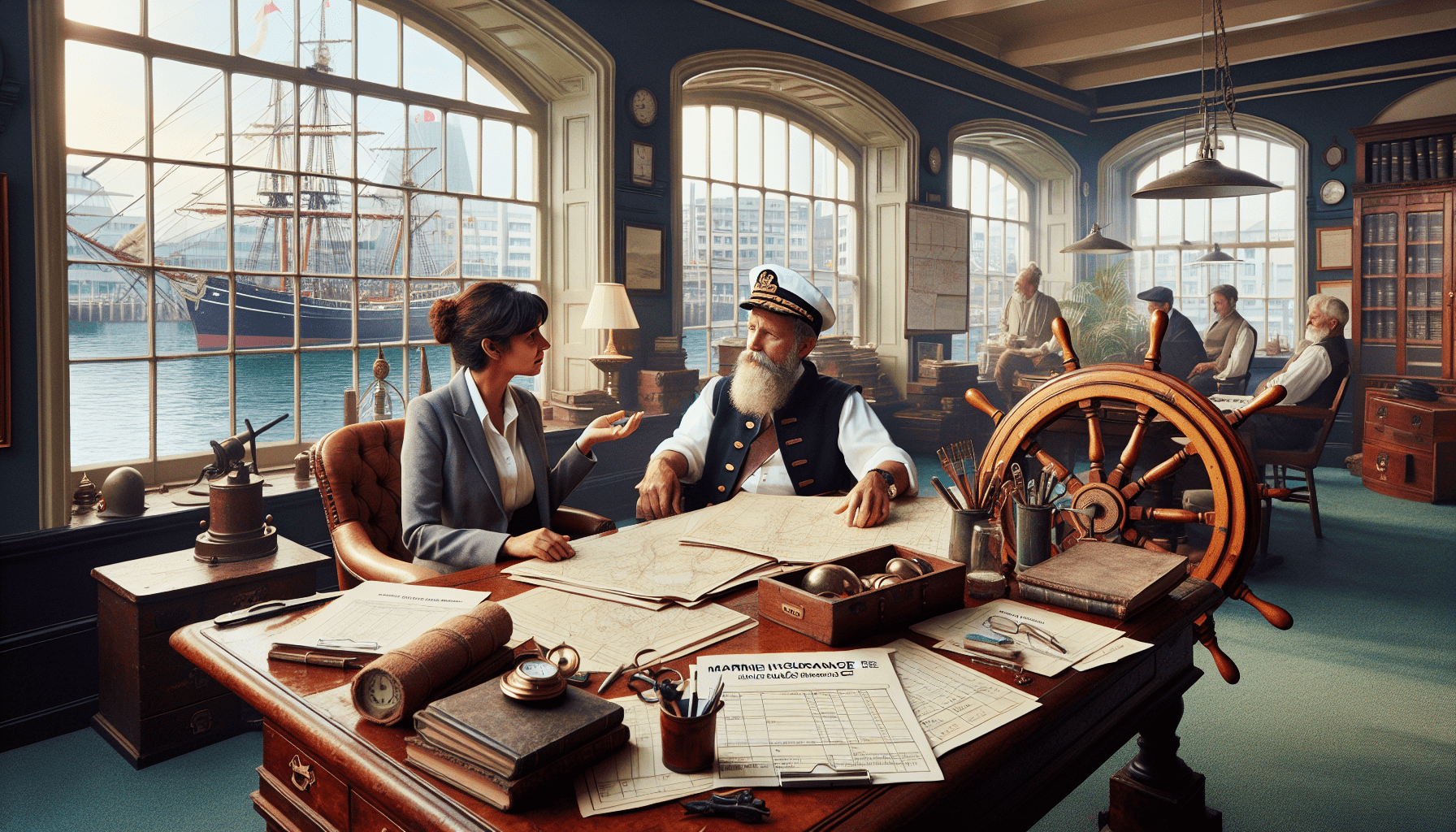 Marine Insurance: a man and woman sitting at a desk with a boat steering wheel and papers