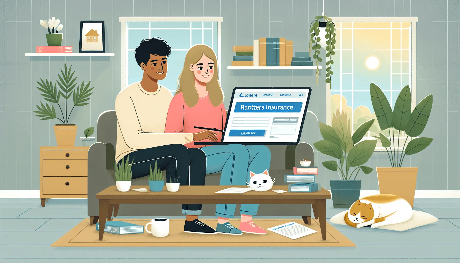 Renters Insurance: a man and woman sitting on a couch looking at a laptop