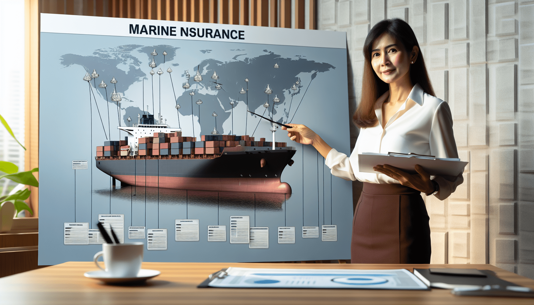 Marine Insurance: a woman standing in front of a large poster
