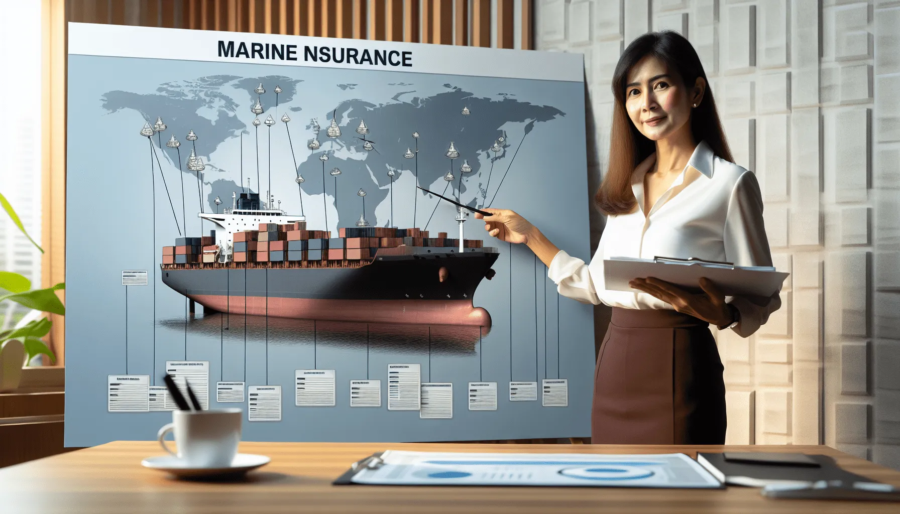 Marine Insurance: a woman standing in front of a large poster