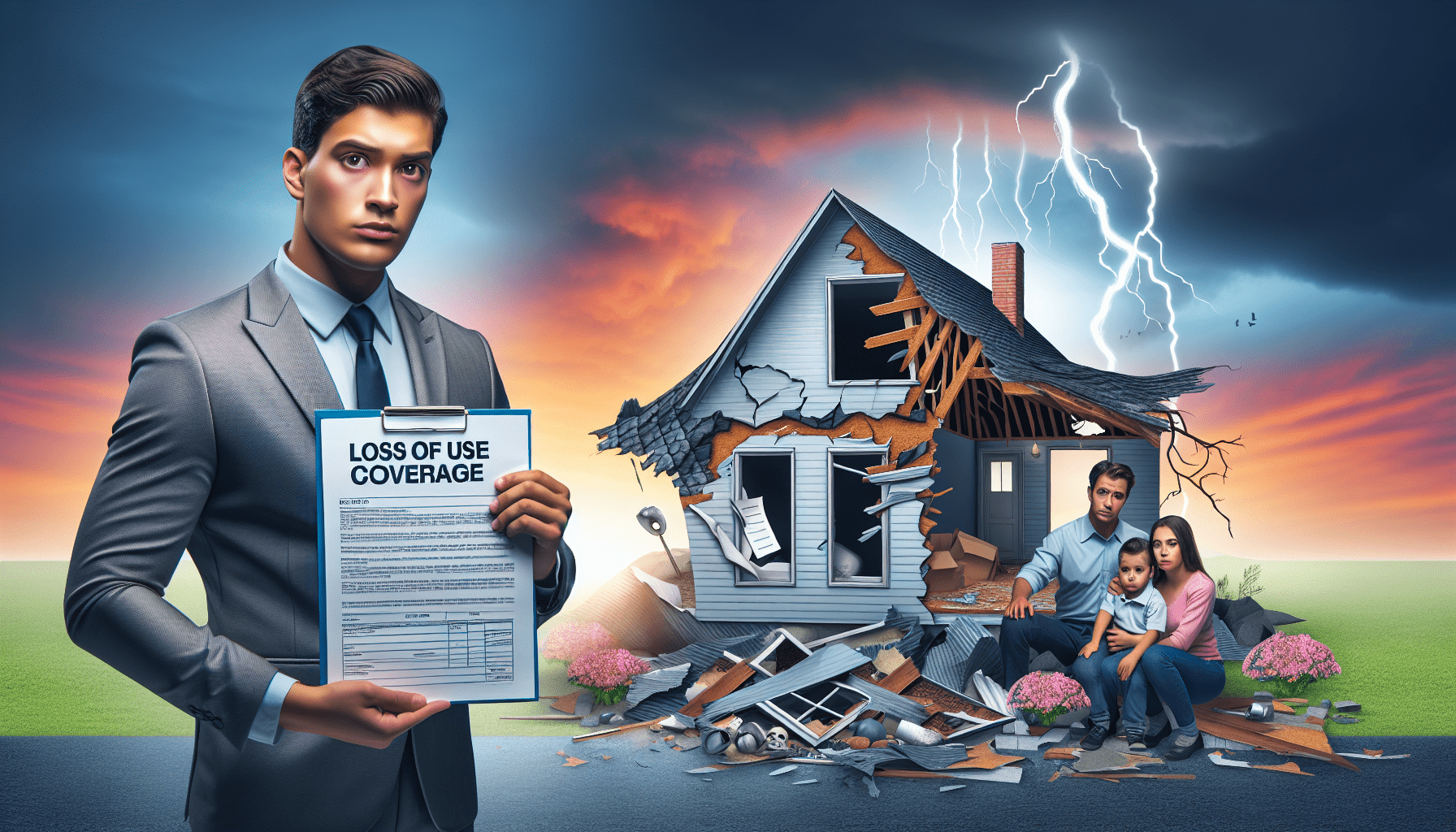 Loss of Use Coverage in 2025: What Homeowners Must Know Loss of Use Coverage : a man holding a clipboard and a house that has been demolished