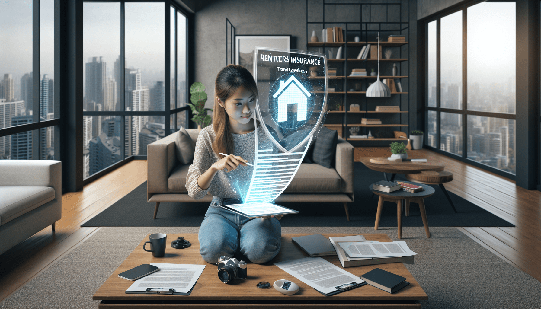 Best Renters Insurance Plans for 2025 (Compare & Save!) Renters Insurance: a woman sitting on a coffee table with a tablet and a digital shield
