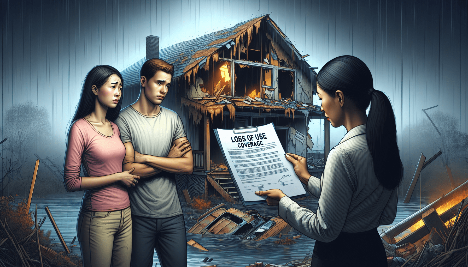 Loss of Use Coverage in 2025: What Homeowners Must Know a woman showing a woman a sign to a man and a woman in front of a destroyed house