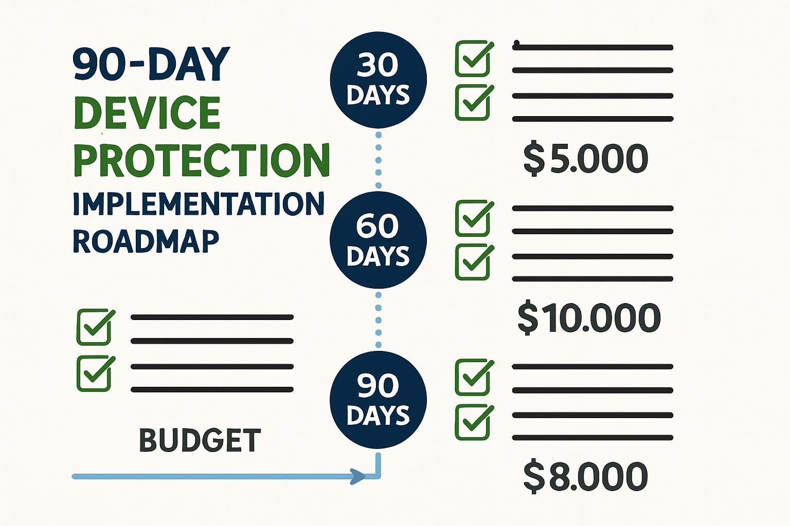 A checklist-style infographic showing the 90-day device protection implementation roadmap with checkboxes, timeline, and budget breakdown. ALT text: "Implementation timeline showing device protection deployment over 90 days with priority tasks and associated costs for each phase"